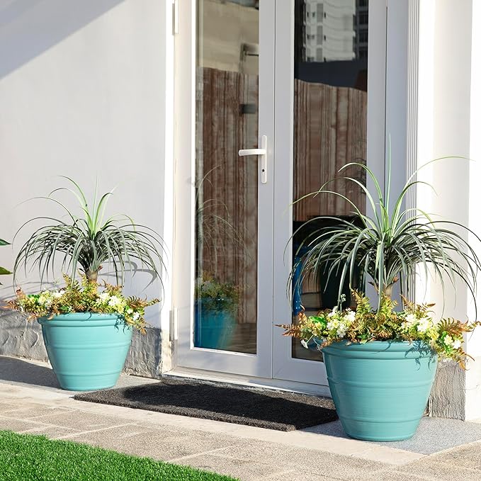 Glitzhome 19.5"D Tall Planters, Large Flower Pots with Turquoise Faux Ceramic Finish, Plastic Tall Planters for Outdoor Plants with Drainage Holes,Round Plant Pots for Front Porch Patio Deck, Set of 2