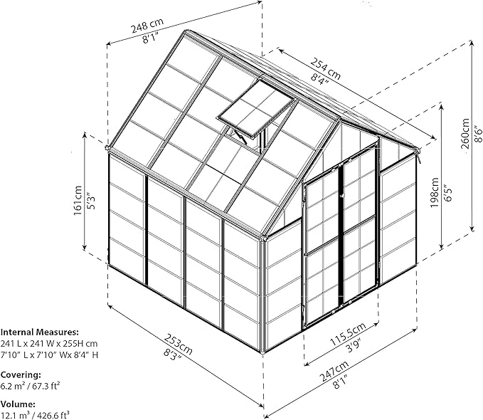 Palram - Canopia Snap & Grow 8 Ft. x 8 Ft. Greenhouse Kit Hobby DIY Walk in Green House Heavy Duty Polycarbonate, Aluminium Frame, with Lockable Door and Vent for Outdoors, Garden, Backyard in Silver