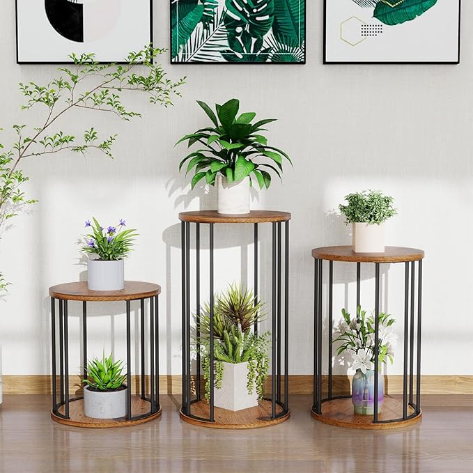 Leinade Plant Stand Indoor,small plant stool,Flower Pot Corner stand holder,Mid Century Heavy Duty Metal Tall Home Decor,Modern Round End Table,Small Rustic Display Stand for Living Room,Bedroom (Brown,3 Packs)