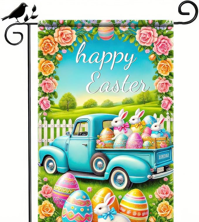 Happy Easter Garden Flag Cute Bunny Truck Yard Flag 12x18 Inch Double Sided Happy Easter Eggs Outdoor Decoration Welcome Easter Outdoor Decoration Spring Farmhouse Holiday