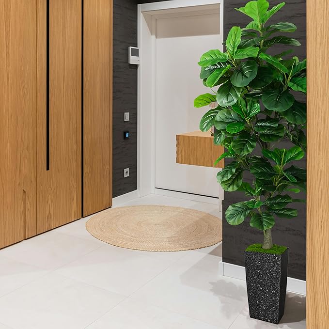 KOPWVA Artificial Fiddle Leaf Fig Tree 6ft, 6 Feet Large Tall Fake Plants Indoor with Modern Style Planter, Artificial Silk Tree for Home Office Living Room Decor Indoor, More Lifelike & Lush (Black)