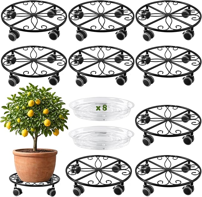 8 Pack Plant Caddy with Wheels Heavy Duty 11.8 Inches Metal Plant Stand with Wheels Plant Dolly Rolling Plant Stand Plant Roller with Casters for Indoor and Outdoor (8, Black)