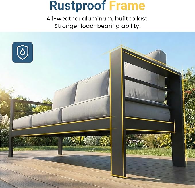 Wisteria Lane Aluminum Patio Furniture Set for All Weather, Oversized Metal Outdoor Furniture Set with 27.5" Deep Seat and 10" Back Cushion, Patio Conversation Sets with Wide armrest, Light Grey