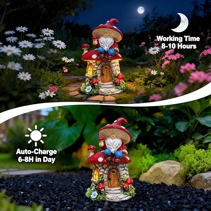 Solar Mushroom Gnomes Houses Figurine Lights, 8" Height Fairy Garden House LED Ornaments for Outside, Lighting Statue for Yard Patio Lawn Porch, Gardening Gifts for Women Mom Grandma