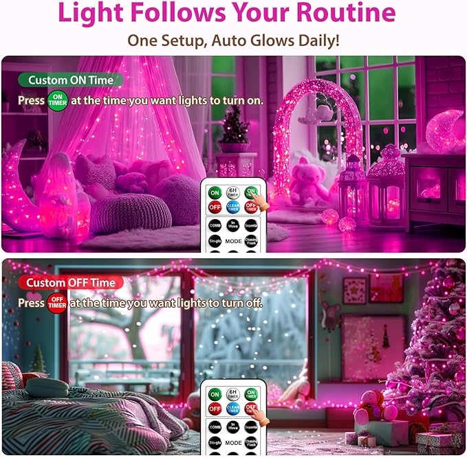 HXWEIYE Rechargeable Fairy Lights with Remote & DIY Timer, 33ft 100LED Battery Operated Twinkle String Lights, 8 Modes Decor Light for Bedroom Indoor Wedding Dorm Christmas Tree Party (Pink)