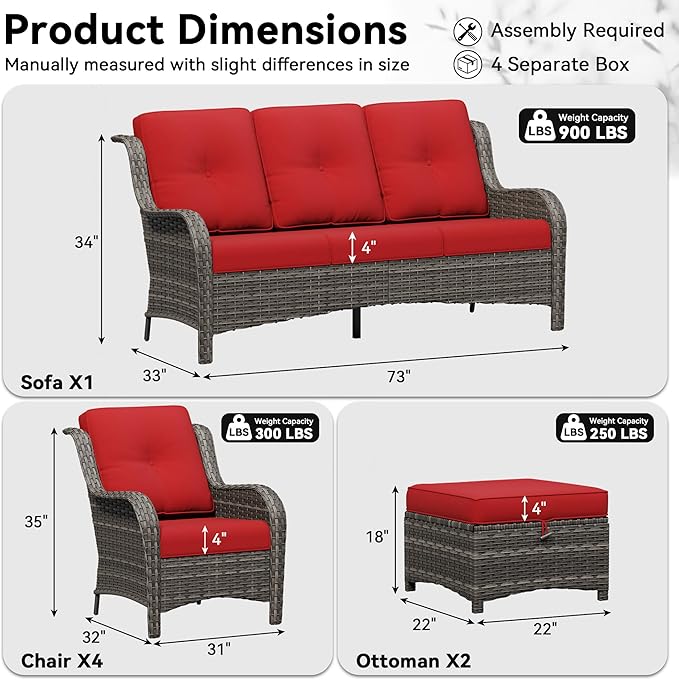 7 Piece Outdoor Wicker Patio Furniture Set, Patio Chairs Set with Thickened Olefin Cushions, High Back and Deep Seating, Hand-Woven PE Rattan, Ottoman for Porch, Deck