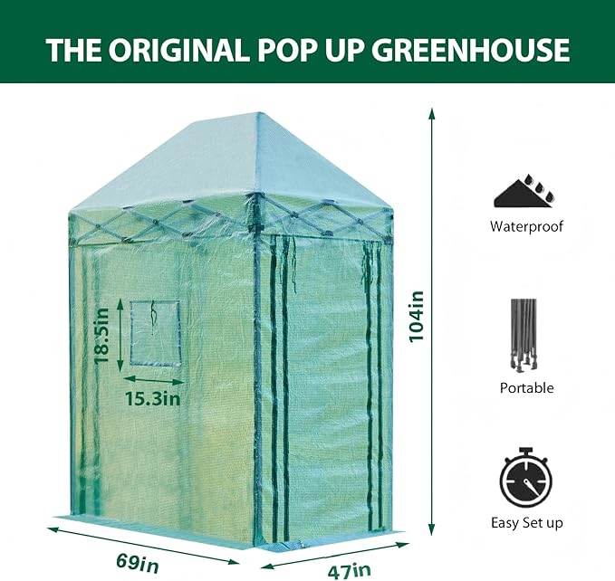 47”x 69”x 104”Walk in Instant Pop-up Greenhouse,Indoor Outdoor Gardening Green House, Roll-Up Zipper Doors and Side Windows Mesh Windows, Thickened PE Cover & Heavy Duty Steel Frame, Green
