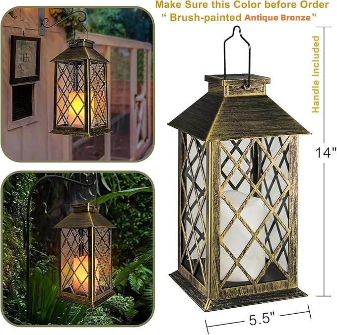 TAKE ME 14" Solar Lanterns Outdoor Waterproof Garden Lanterns Large Flickering Flameless Candle Mission Lights for Table,Outdoor,Party Mothers Day Gifts ( 2 Packs Brush-Painted Antique Bronze Color)
