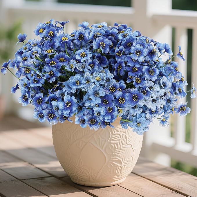 60 Pack Artificial Flowers Outdoor, Faux Silk Flowers for Outdoors Outside Front Porch Hanging Planter Window Box Garden Decoration(Blue)