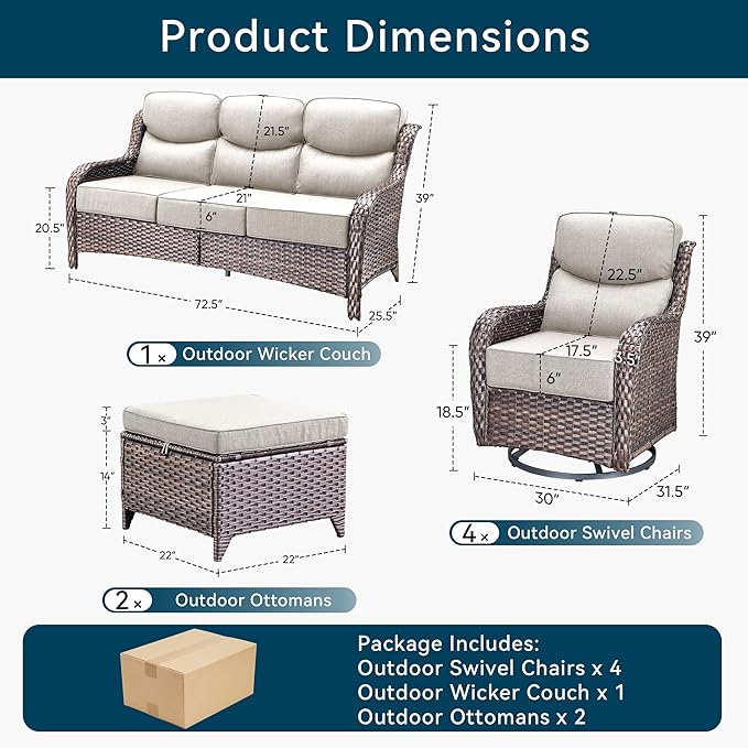 Luxury High Back Outdoor Furniture with 6-Inch Thick Cushions, Patio Furniture Set with Swivel Chairs, 7 PCS Wicker Conversation Set for Porch, Balcony, Deck and Yard