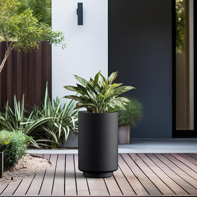 Kante 15.7 Inch Tall Concrete Planter, Round Pedestal Design Garden Pot for Indoor Outdoor Plants, Modern Garden Pot with Drainage Hole, Black Finish with Painted Interior