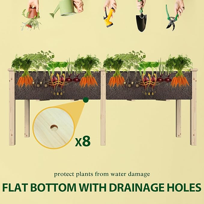 72x23x30in Raised Garden Bed with Legs, Outdoor Elevated Wood Planted Box with Divider Panel & Drainage Hole for Vegetable Flower, Backyard and Patio, Natural
