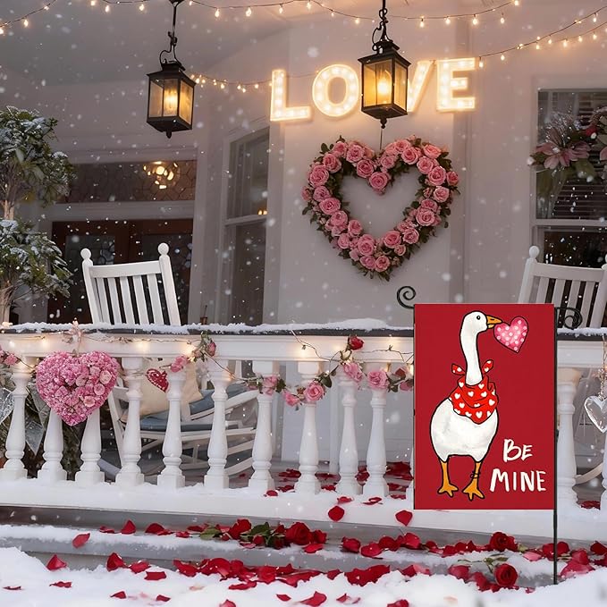 Valentines Day Garden Flags 12x18 Inch Double Sided, BE MINE Funny Goose with Love Heart Small Seasonal Decoration for Holiday Anniversary Wedding Yard Outside Outdoor