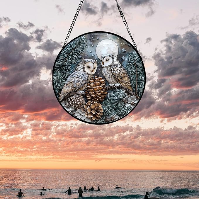Stained Glass Window Hanging - Owl On A Tree Suncatcher for Doors Garden Patio Winter Scene Sun Catchers Decor Christmas Mother's Day Birthday Gifts for Women Men Mom Nana Friend 9.8 in