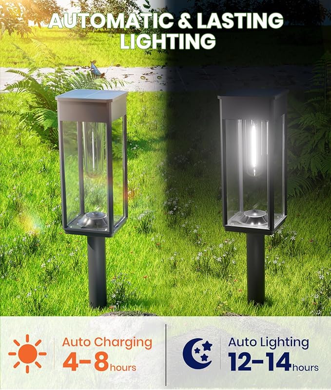 BITPOTT Bright Solar Lights Outdoor Waterproof IP65, 4 Pack Pathway Lights Solar Powerd, Auto On/Off Solar Outdoor Lights for Path, Yard, Landscape, Lawn, Patio, Walkway, Driveway, Garden Decor