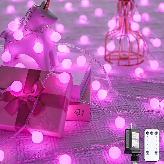 JMEXSUSS 100 LED Pink Valentine Lights Indoor,33 ft Connectable Globe String Lights Plug in, 8 Mode Fairy String Light with Remote for Bedroom Girl Room Anniversary Party Valentines Day Decorations