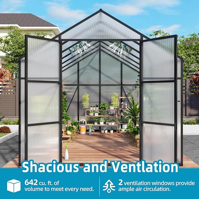 8x12T Greenhouse,Outdoor Polycarbonate Greenhouse with Roof Vent & Drainage System,Heavy Duty Aluminum Walk-in Green Houses for Outside Garden Backyard,Easy Assembly,Black