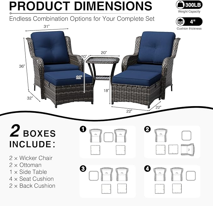 Joyside 5 Piece Wicker Patio Furniture Set, Rattan Patio Chairs with High Back, Deep Seating, Wide Armrest, Thickened Cushions, Outdoor Furniture for Deck, Porch Use