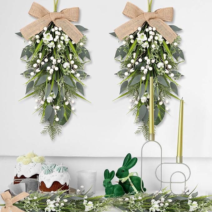 2 Pcs 24" Artificial White Flower Teardrop Wreaths Swag Spring Summer Berries Swags Wreath White Floral Hanging Wreaths for Kitchen Cabinet Doors Window Wall Wedding Party Home Decor