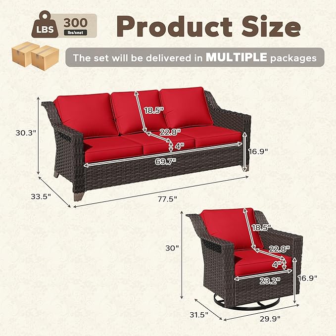 3 Pieces Patio Conversation Furniture Set - 1 Sofa, 2 Swivel Chairs, Outdoor Wicker Furniture with Removable Cushions for Porch, Balcony, Sunroom (Red)