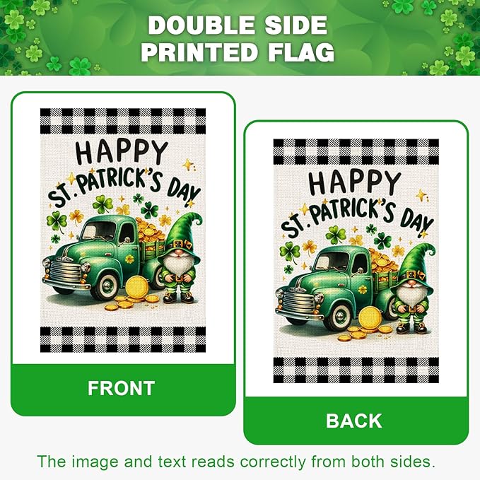 Happy St Patricks Day Garden Flag 12x18 Inch Double Sided Shamrocks Gnome Truck Buffalo Plaid Outside Small Flag for Yard Outdoor Holiday Decoration