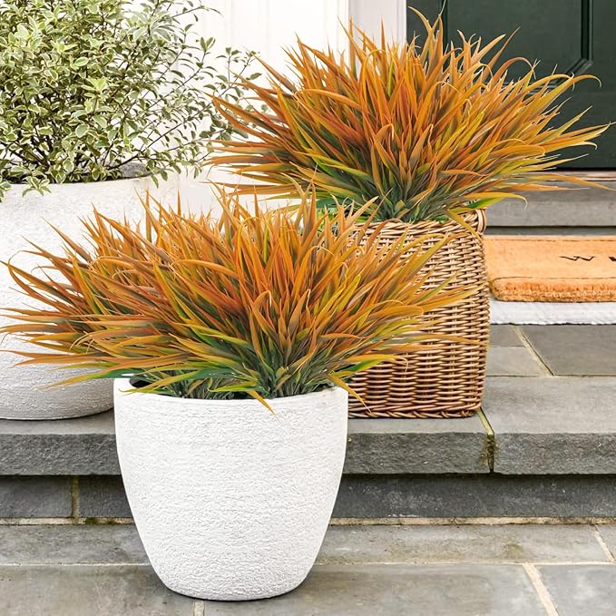 Uieke 12 Bundles Artificial Outdoor Plants UV Resistant Fake Grass Plants Faux Plastic Plants Greenery Shrubs for Home Garden Pathway Window Box Front Porch Cemetery Fall Decor, Autumn Orange