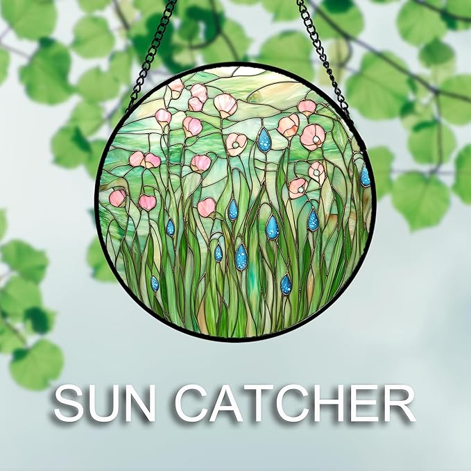 Stained Glass Window Hanging 4 Pcs Set Pink Green Spring Saplings Flowers Large 15" - Suncatcher Door Garden Sun Catcher Home Decor Mother's Day for Woman Nana Mom Men