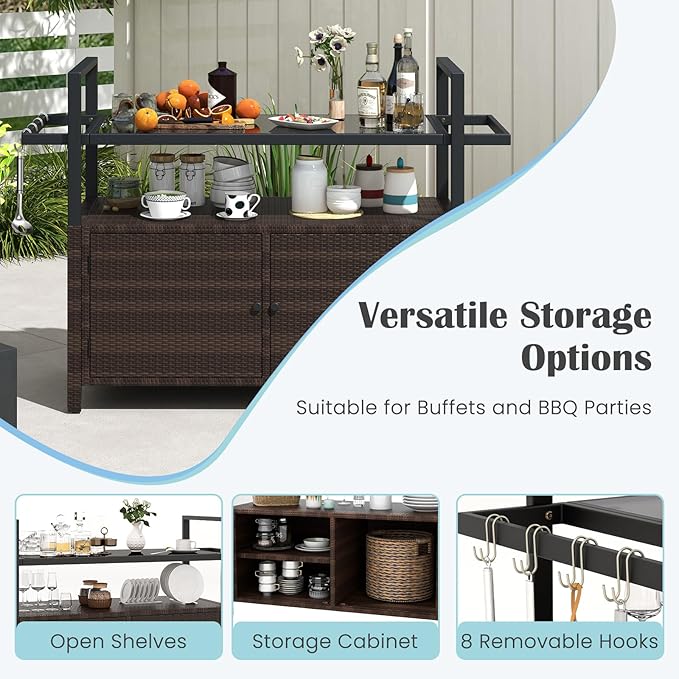 Tangkula Outdoor Bar Cart, Patiojoy Rolling Wicker Buffet Serving Cart with Tempered Glass Top, Storage Cabinet & 8 Hooks, Kitchen Island Cart on Wheels for Porch Backyard Garden Poolside (Mix Brown)