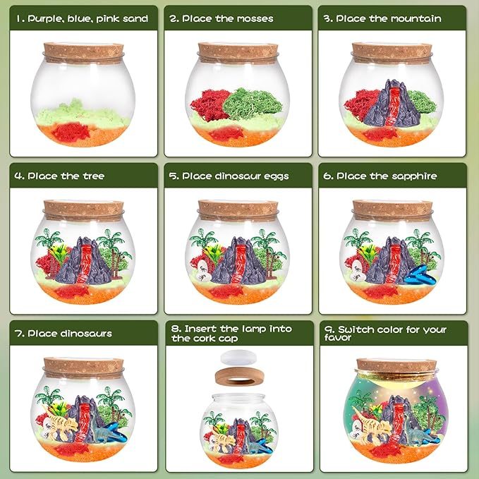 Dinosaur Toys for Boys，Light Up Dinosaur Terrarium kit,DIY Dino Toys,Arts and Crafts Kit for Kid,Christmas Birthday Gifts Ages 4-12 Year Old