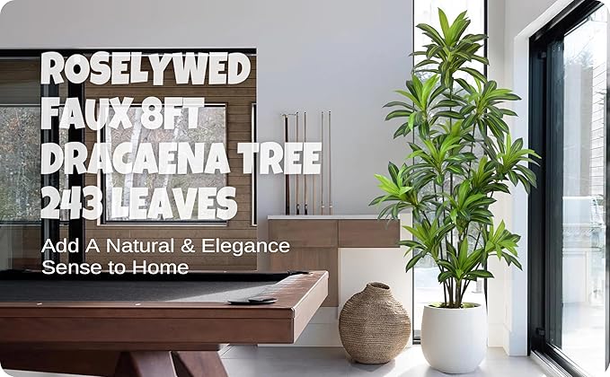 Roselywed Artificial Dracaena Tree 8FT with 243 Leaves & 12 Heads & White Pot Tall Large Fake Faux Tropical Silk Yucca Plant 96 Inch Glossy Thick Leaves for Indoor Home Office Porch Mall School Decor