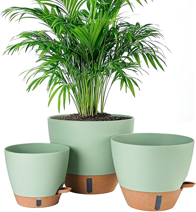 Fielda 8/10/12 Inch Self Watering Pots for Indoor/Outdoor Plants - Large Plastic Planter with Drainage Holes, Water Level Indicator & Deep Reservoir, Modern Decorative Flower Pots (Green)