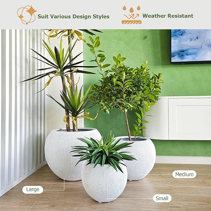 KUTE NEST 16" H x 20" D Ribbed Globo Fiberstone Round Planter with Drainage Hole, Weather Resistant for Indoor and Outdoor Use, Included 2 Extra Coco Mats (Speckled White, 13.5" Pot Opening)