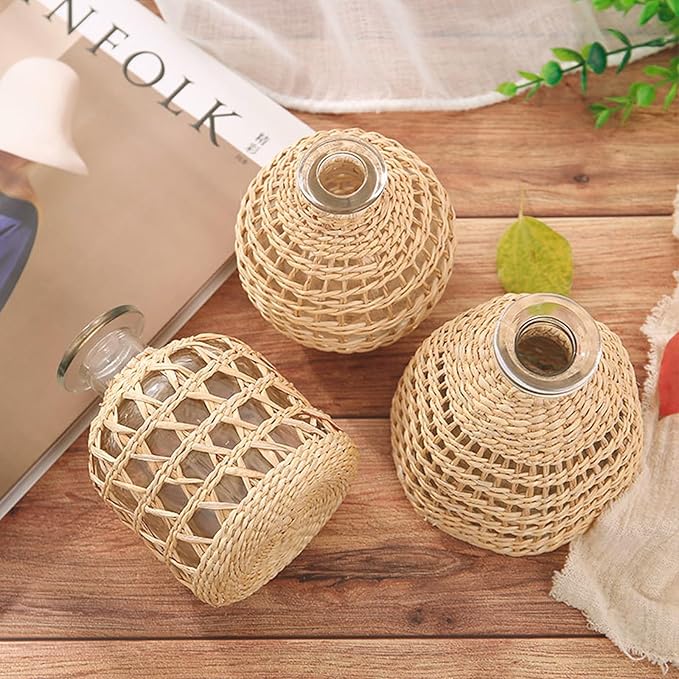 Flower Vases with Rattan Cover, Straw Woven Glass Vase, Rattan Woven Vase Decorative, Glass Flower Vase, Boho Glass Flower Vase, Vase for Home Flower Arrangement Table Decoration, 5.3''X3.5'',D Style