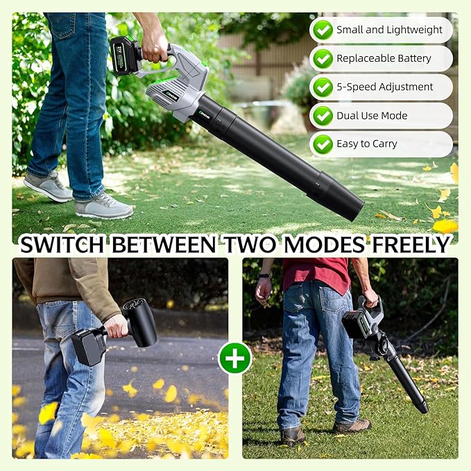Comchoi Electric Leaf Blower Cordless, 680 CFM 5 Speed Mode, 2 Batteries & Charger, Handheld Cordless Leaf Blowers for Lawn Care