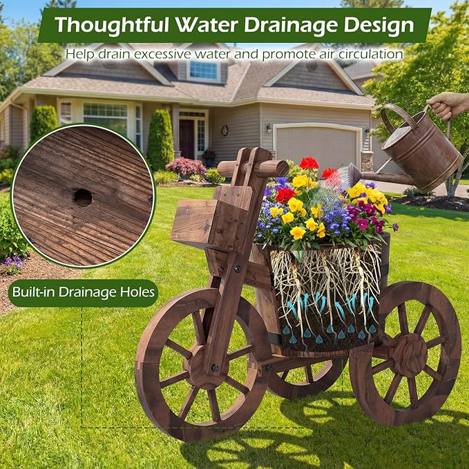 Giantex Wooden Wagon Planter with Wheels Set 2, Rustic Wood Plant Stand with Drainage Hole for Flowers Herbs Vegetables, Indoor Outdoor Decorative Garden Flower Cart for Patio Backyard Balcony