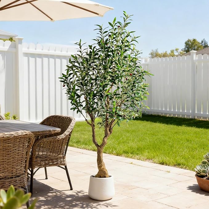 Erimda 6FT Faux Olive Tree with Tall Exquisite Planter Artificial Olive Tree Tall, Potted Fake Olive Plant with 1260 Real Touch Leaves, Indoor Outdoor Home Garden Office Decor