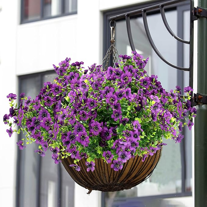 UV Resistant Artificial Outdoor Flowers, 12 Bundles Fake Outdoor Silk Flowers Fade Resistant Faux Flowers Plants for Outside Planters, Window Box, Porch Decor-Purple