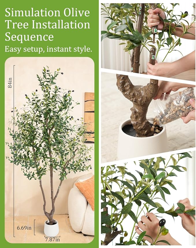 Sillaff Artificial Tree, 7FT(84in) Large Faux Plants Indoor Tall Faux Olive Tree with Pot, Nearly Natural Olive Branches and Fruits for Living Room Office Home Decor