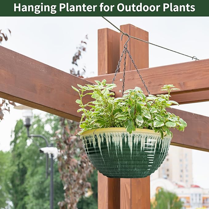 LESOASIS 12 inch Large Hanging Planters for Indoor Outdoor Plants, Set of 2 Glazed Hanging Flower Pots with Drainage Hole, Hanging Baskets for Garden Home Porch Decor