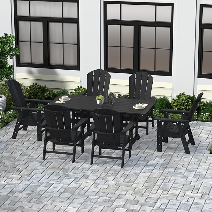 WestinTrends Malibu 7 Piece Adirondack Outdoor Dining Set, All Weather Poly Lumber Patio Table and Chairs Furniture Set, 71" Trestle Dining Table and 6 Adirondack Dining Chair, Black