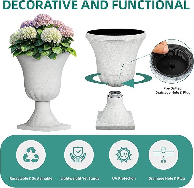 Ultym 22" H Urn Tall Planters, 2-Pack Large Flower Pots for Indoor Outdoor Use, Elegant White Terrazzo Weather-Resistant Pot Containers for Garden Patio Yard Balcony Entryway or Home Décor, KD Base