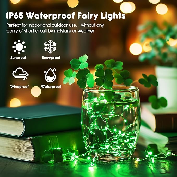 Minetom 6 Pack Fairy Lights Battery Operated String Lights - 7ft 20 LED Waterproof Silver Wire Firefly Lights for St Patrick's Day Decor DIY Crafts Wedding Table Centerpieces, Green