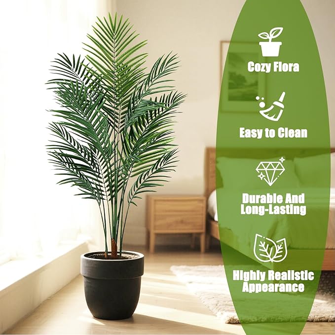 Artificial Palm Tree Outdorr 5ft, Large Fake Tropical Areca Palm Tree with 13 Trunks, Tall Faux Floor Plants for Indoor-Living Rooms, Offices, Bedroom Home Decor
