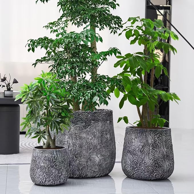 ShangDemonMaster Craft flowerpots 18"+13"+9" Dia Round Concrete Planter Set of 3 Large Outdoor/Indoor Planter Pots Containers with Drainage Holes and Rubber Plug for Home Garden (Dark Gray, Large)