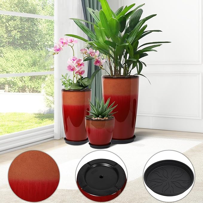 Neoaider 24/21/12 Inch Large Plastic Planter, Lightweight Ceramic-Look Tall Planters with Drain Hole & Saucers, Tall Plastic Planters for Porch, Garden, Patio, Balcony(Fiery Red)