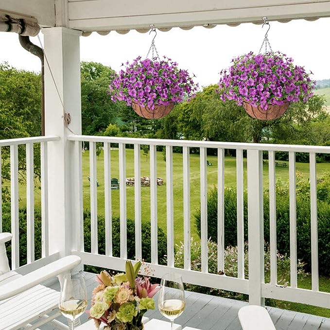 Artificial Flowers Hanging Basket for Outdoor Indoor Spring Summer Decoration,Fake Silk Colorful Daisy Eucalyptus in 12" Metal Coconut Lining Flowerpot Arrangement for Patio Yard Decor(Purple)
