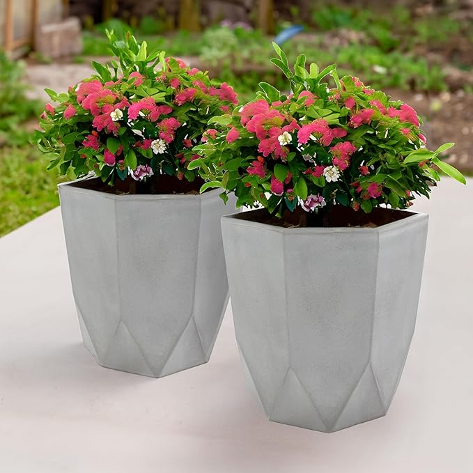 Sunnydaze Modern Faceted 14.75" Polyresin Geometric Planter - Flower Pot for Indoor or Outdoor Use - Light Gray - Set of 2