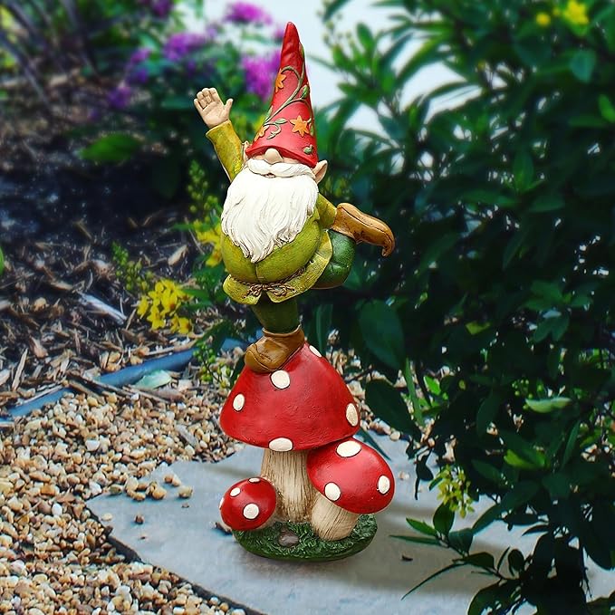 DUSVALLY Gnomes Statue and Garden Resin Statue Dwarf Standing on Mushroom, Outdoor Decoration for Patio Yard Lawn Porch, Spring Decor Housewarming 13" H