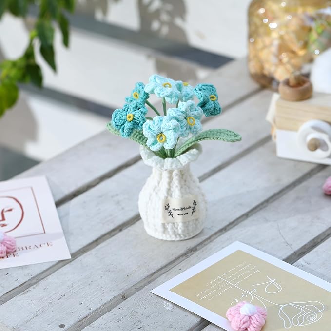 YOOJEE Crochet Flower Pot Forget-me-not Valentines Day Gift for Women Him Her Boyfriend Girlfriend Lover Husband Couples Wife Coworker Birthday Wedding Knitted Blue Plant Cute Office Desk Decor