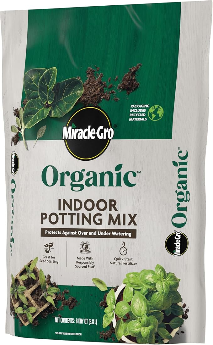Miracle-GRO Organic Indoor Potting Mix, Protects Against Over and Under Watering, for Indoor Container Plants, Houseplants and Starter Plants, OMRI Listed, 8 qt., 3-Pack